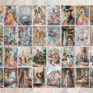 Pu&ograve; includere: Un collage di immagini di ispirazione vintage con una variet&agrave; di soggetti, tra cui un castello, un lampadario, un cane, un bouquet di frutta, una donna in un vestito e un paio di scarpe.
