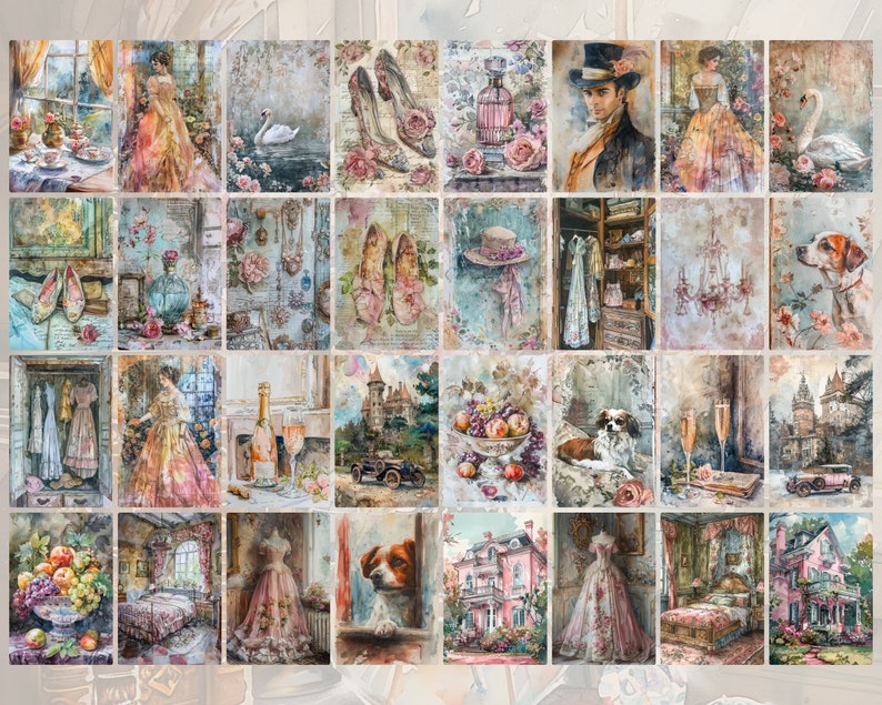Pu&ograve; includere: Un collage di immagini di ispirazione vintage con una variet&agrave; di soggetti, tra cui un castello, un lampadario, un cane, un bouquet di frutta, una donna in un vestito e un paio di scarpe.