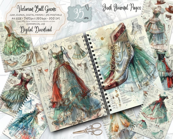 Watercolor Victorian Ball Gowns Junk Journal Pages Digital Download, Vintage Lady Printable Ephemera, Collage Sheet Scrapbook Paper Art