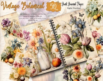 Vintage Botanical, Floral Herbarium, Antique Plant Junk Journal Kit, Printable Ephemera, Scrapbook Paper, Digital Download