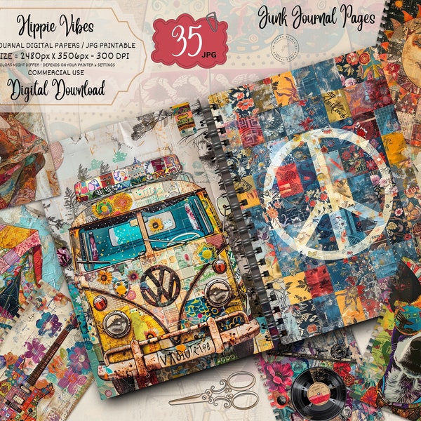 Hippie Patchwork Junk Journal Paper Pack | Digital Download | Commercial Use | Journaling | Card Making | Mixed Media | Crafts