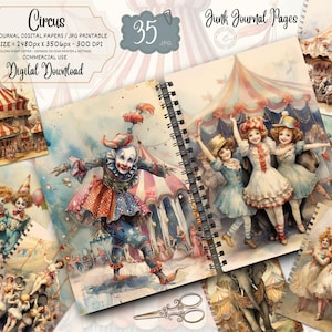 May include: A collection of circus-themed junk journal pages. The pages feature watercolor illustrations of clowns, circus performers, and a carousel. The color palette includes red, blue, and cream. The digital download includes 35 JPG files for commercial use.
