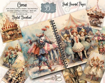 Kit de diario de recortes con diseño de payaso de circo vintage en acuarela, ideal para imprimir y crear efímeras en formato digital.
