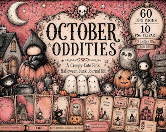 Creepy Cute Halloween Junk Journal Kit October Oddities Pink Kawaii Spooky Ephemera Printable Journal Pages Clipart Digital Download