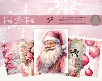 May include: A set of 58 digital papers featuring a pink Christmas theme. The papers include images of Santa Claus, a snowman, pink ornaments, and a winter scene.