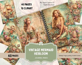 Vintage Mermaid Heirloom Junk Journal Kit, Printable Ocean Ephemera, Nautical Journal Pages, Coastal Fantasy (Digital Download)
