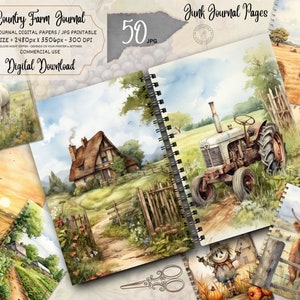 Páginas imprimíveis do diário de lixo da fazenda do país em aquarela, kit de diário de lixo de casa de fazenda, papel de diário de lixo de rancho, folha de colagem digital