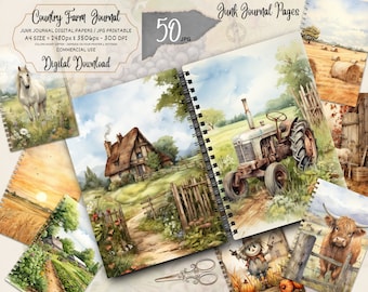 May include: A collection of 50 digital printable junk journal pages featuring watercolor illustrations of a country farm scene. The pages include images of a farmhouse, a tractor, a scarecrow, a cow, and a field of hay bales. The text "Country Farm Journal" and "Junk Journal Pages" is visible on the pages.