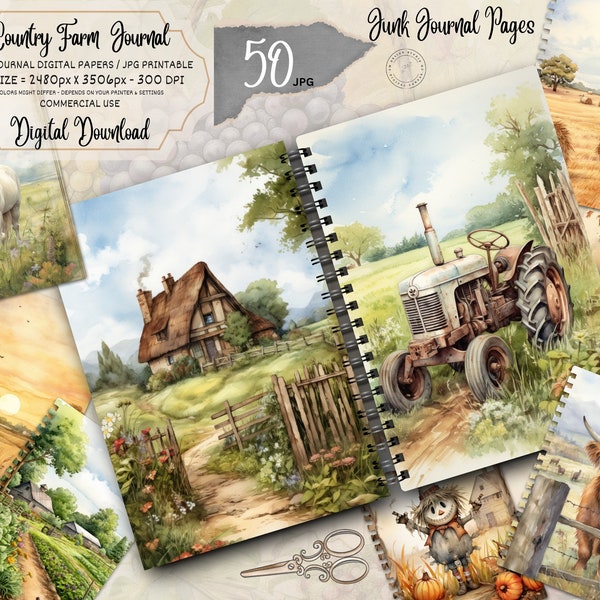 Watercolor Country Farm Junk Journal Printable Pages, Farm House Junk Journal Kit, Ranch Junk Journal Paper, Digital Collage Sheet