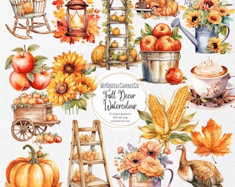 Fall Autumn Watercolour Clipart, Fall Watercolor PNG Clipart, Pumpkin Sunflower, Autumn Clipart Bundle, Commercial Use Digital Download