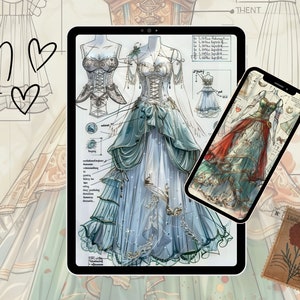 May include: A digital illustration of a blue and green ball gown with a lace bodice and a layered skirt. The gown is shown on a tablet screen with a phone displaying a similar design in the background.
