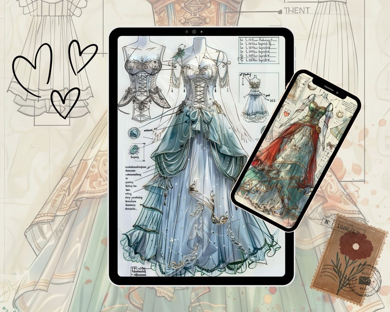 May include: A digital illustration of a blue and green ball gown with a lace bodice and a layered skirt. The gown is shown on a tablet screen with a phone displaying a similar design in the background.