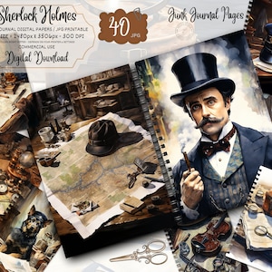 Kit de diario basura digital, documentos de diario de Sherlock Holmes, misterio, papeles decorativos vintage victorianos de detective, descarga digital, papel