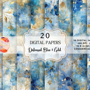 Distressed Blue and Gold digital paper, gold foil patterns, vintage grunge textures, printable scrapbook paper, turquoise download, seamless