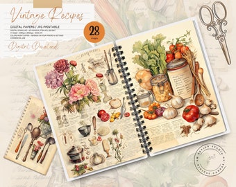 Può includere: Un quaderno in stile vintage con rilegatura a spirale, che presenta illustrazioni di fiori, utensili da cucina e barattoli di cibo in conserva. Il quaderno è aperto su una pagina con un'illustrazione ad acquerello di un barattolo di verdure in conserva, aglio e pomodori. La copertina del quaderno riporta il testo "Ricette Vintage" e "28 immagini".