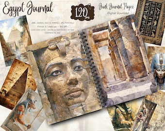 May include: A set of 120 digital printable junk journal pages featuring watercolour illustrations of Egyptian themes. The pages include images of pyramids, hieroglyphics, pharaohs, and other Egyptian motifs. The pages are perfect for adding a unique and historical touch to your junk journals.
