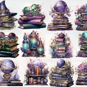Pode incluir: Uma cole&ccedil;&atilde;o de dez ilustra&ccedil;&otilde;es em aquarela que apresentam pilhas de livros, bolas de cristal e outros objetos m&aacute;gicos. As ilustra&ccedil;&otilde;es s&atilde;o sobre um fundo branco e apresentam uma variedade de cores, incluindo roxo, azul, verde e dourado.