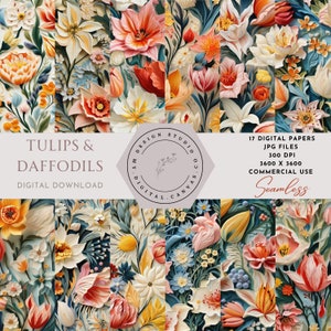 Daffodils and Tulips SEAMLESS Patterns - Daffodils and Tulips Digital Paper - 16 Designs - 12x12in - Commercial Use