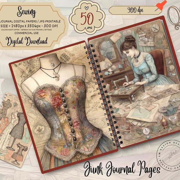 Vintage Sewing Junk Journal Pages, Digital Scrapbook Paper Kit, Victorian Printable, Lace Collage Sheet, Sewing Machine Ephemera, Seamstress