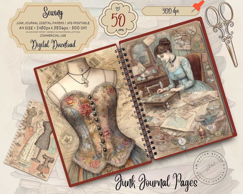 Vintage Sewing Junk Journal Pages, Digital Scrapbook Paper Kit ...