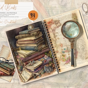 Pagine di diario spazzatura di libri vintage, kit di carta per album digitali, biblioteca vittoriana stampabile, effimeri del mondo accademico oscuro, foglio di collage, effimeri