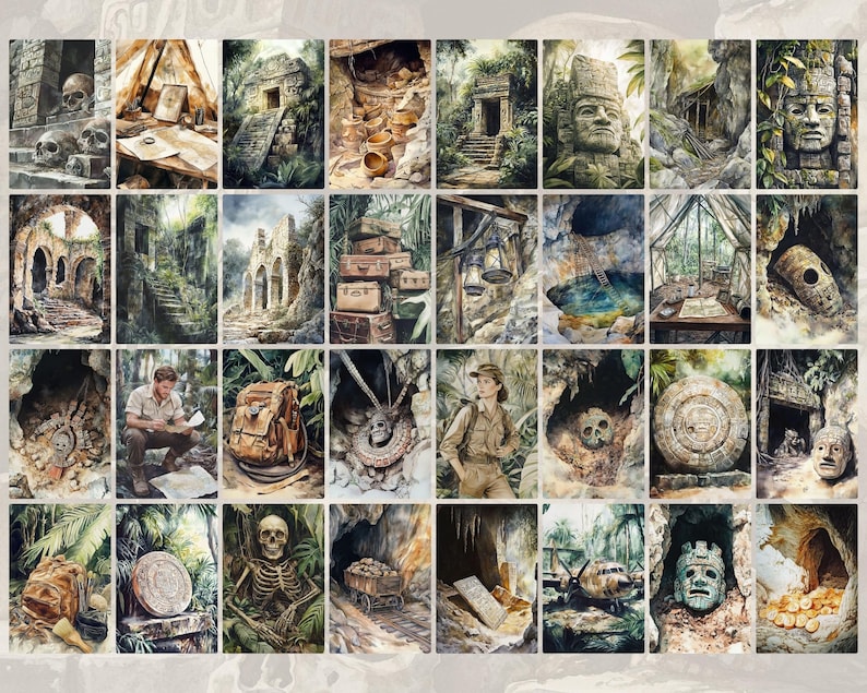 May include: A watercolor illustration depicting a treasure hunt in a jungle setting. The image features a variety of scenes, including a crumbling temple, a hidden cave, a map, a skeleton, and a treasure chest filled with gold coins.