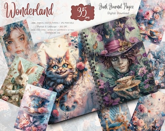 Alice im Wunderland Digitales Papier Digitaler Download, Tee-Party Scrapbook Ephemera, Mad Hatter Junk Journal Collage Sheet Printable Kit