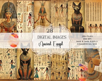 May include: A digital collage of 28 images featuring ancient Egyptian motifs. The images include hieroglyphics, pharaohs, cats, and other symbols. The images are in a vintage style and are perfect for scrapbooking, card making, and other craft projects. JPG files, 300 DPI, 3600 x 3600 pixels, commercial use.