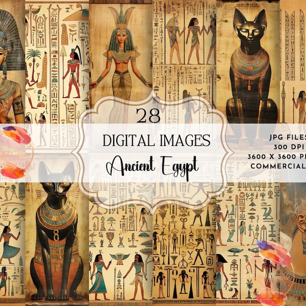 Ancient Egypt - Egyptian Digital Paper, Hieroglyphics Scrapbook Paper, Papyrus Vintage Antique Egypt Patterns, Digital Gold