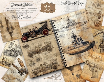 May include: A collection of steampunk-themed digital journal pages. The pages feature vintage illustrations of vehicles, ships, and mechanical designs. The color palette is sepia-toned, with a variety of sketches and blueprints. The text "Steampunk Sketches" and "Digital Download" are visible.