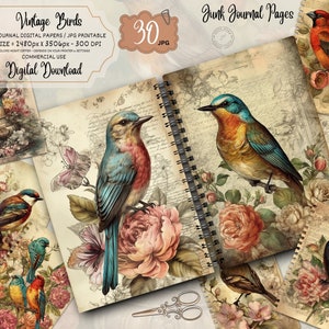Vintage Bird Junk Journal Pages: Floral Scrapbook Paper (Digital Download)