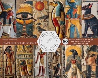 May include: A digital paper pack featuring 60 images of Egyptian hieroglyphic wall art. The images are in a variety of colours, including gold, blue, red, and black. The images are high-resolution and perfect for use in digital scrapbooking, card making, and other craft projects.