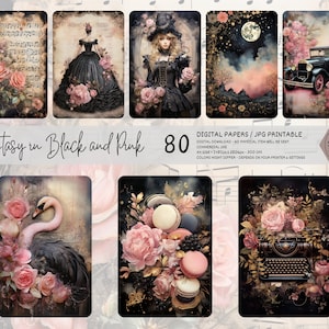Big Bundle, Black Pink Junk Journal Paper, Digital Download, Watercolor, Mixed Media, Flowers, Princess, Swan, Music, Dark