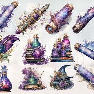 Pode incluir: Uma cole&ccedil;&atilde;o de ilustra&ccedil;&otilde;es de aquarela que representam objetos m&aacute;gicos, incluindo rolos, garrafas e uma pena de ave. Os objetos s&atilde;o decorados com estrelas, espirais e outros desenhos celestiais. As ilustra&ccedil;&otilde;es s&atilde;o pintadas em tons de roxo, azul e dourado.