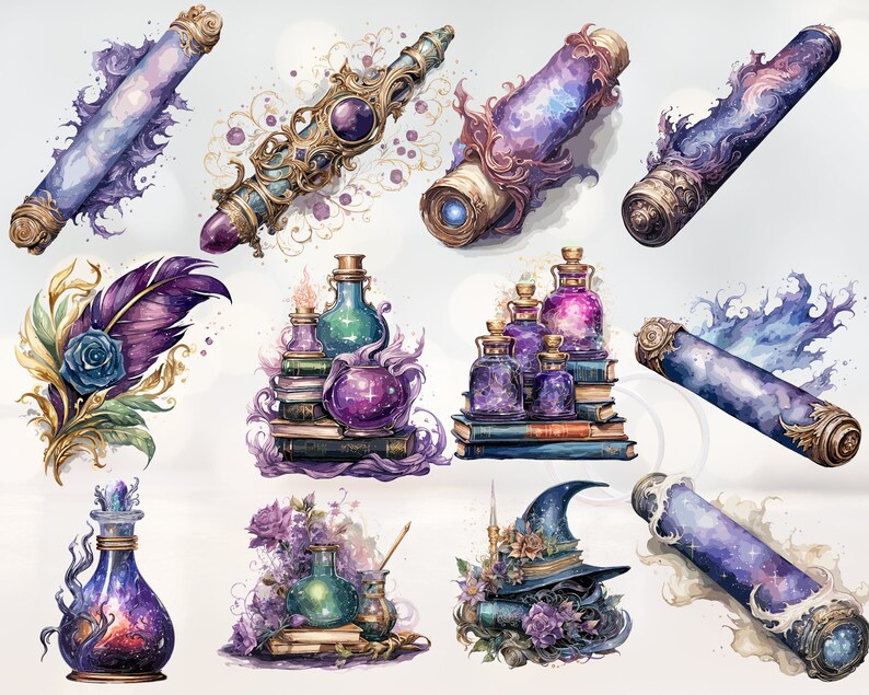 Pode incluir: Uma cole&ccedil;&atilde;o de ilustra&ccedil;&otilde;es de aquarela que representam objetos m&aacute;gicos, incluindo rolos, garrafas e uma pena de ave. Os objetos s&atilde;o decorados com estrelas, espirais e outros desenhos celestiais. As ilustra&ccedil;&otilde;es s&atilde;o pintadas em tons de roxo, azul e dourado.