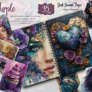 Purple Junk Journal Pages, Ephemera, Pack, Shabby, Purple, Flowers, Digital Kit, Download, Junk Journal Kit, Printable, Vintage Ephemera