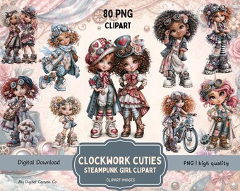 Steampunk Girl Clipart Bundle, Digital Download PNG Transparent, Junk Journal Clipart, Whimsical Chibi Girl PNG Set