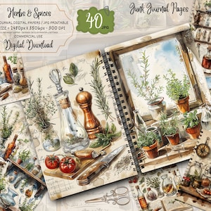 Pagine di diario di erbe e spezie, kit di carta per scrapbooking botanico digitale, libro di cucina stampabile, foglio di collage di cucina, effimeri da cucina vintage