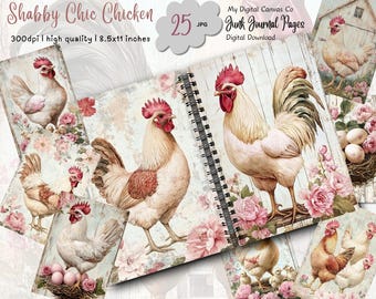 Shabby Chic Bauernhaus Huhn Junk Journal Kit, Vintage Hahn druckbare Ephemera, Collage Sheet, digitaler Download