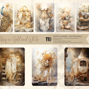 Wit en gouden thema, grote bundel Shabby Chic Journal, digitaal papier A4, Junk Journal, decoupagepapier, plakboekpapier, kleine ephemera