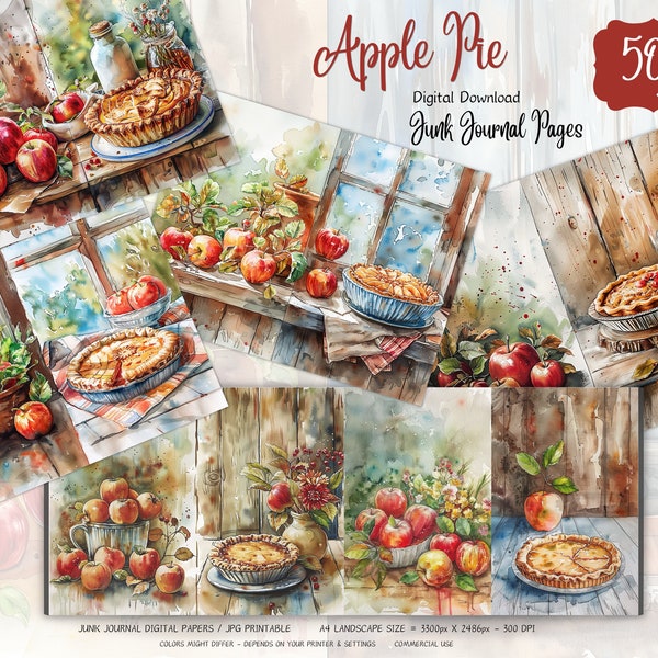 Apples & Pies Junk Journal Pages, Digital Scrapbook Paper Kit, Baking Printable, Sweet Treats Collage Sheet, Dessert Cooking,Vintage Kitchen