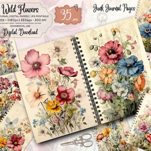 Pagina stampabile del diario della spazzatura dei fiori di campo dell'acquerello, kit del diario della spazzatura dei fiori, foglio di collage digitale della carta del diario della spazzatura, download istantaneo