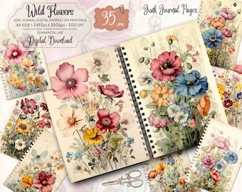 Dzikie kwiaty, akwarela, strony do dziennika botanicznego, arkusz kolażu do druku, papier do scrapbookingu z motywem kwiatowym, pobieranie cyfrowe