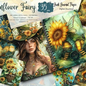 May include: Digital download of 35 junk journal pages. The artwork features a sunflower fairy theme with illustrations of sunflowers, fairies, and butterflies. The text on the image reads "Sunflower Fairy" and "Junk Journal Pages".