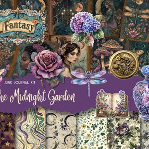 MIDNIGHT Garden Junk Journal Printable Kit Digital Witch Ephemera Lunar Scrapbook Paper Gothic Background Pages Celestial Flower Fantasy