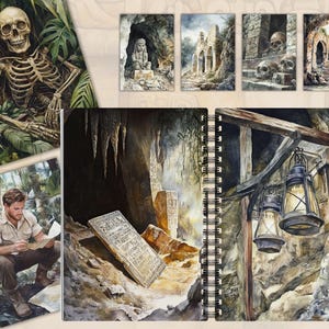 May include: An open journal with a watercolor illustration of a dark cave with a lantern hanging from a wooden beam. The cave is filled with rocks and a stone tablet with writing on it. The journal has a spiral binding.