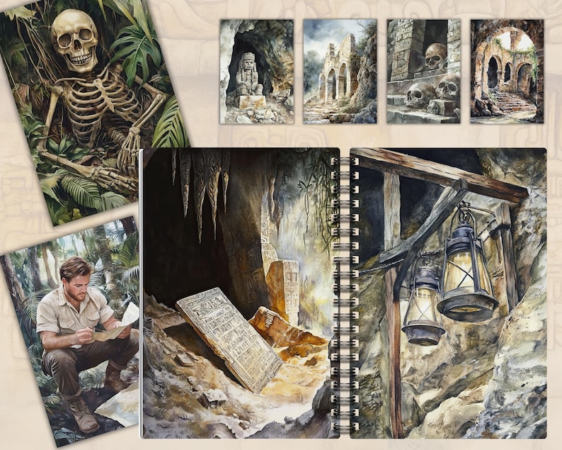 May include: An open journal with a watercolor illustration of a dark cave with a lantern hanging from a wooden beam. The cave is filled with rocks and a stone tablet with writing on it. The journal has a spiral binding.