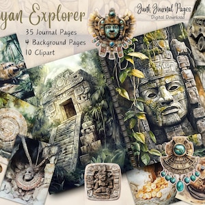 May include: Digital download of 35 printable journal pages, 4 background pages, and 10 clipart images with a Mayan explorer theme. The images feature jungle scenes, ancient ruins, and artifacts.
