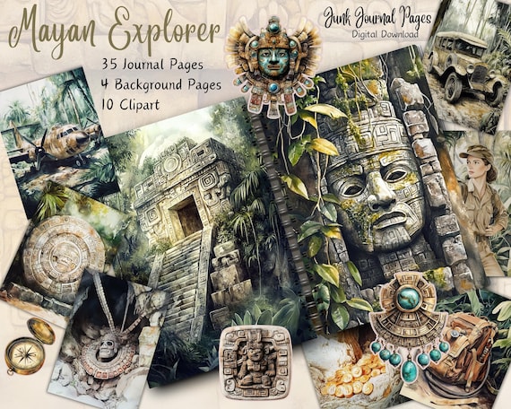 Mayan Ancient Explorer, Archaeology Vintage Ephemera, Junk Journal Kit, Adventure Scrapbook Pages, Printable Collage Sheet, Digital Download