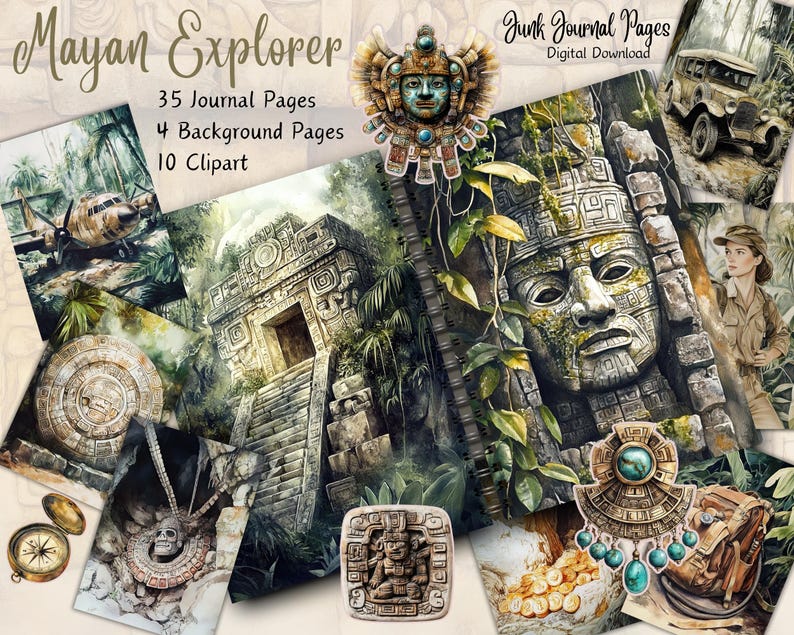 May include: Digital download of 35 printable journal pages, 4 background pages, and 10 clipart images with a Mayan explorer theme. The images feature jungle scenes, ancient ruins, and artifacts.